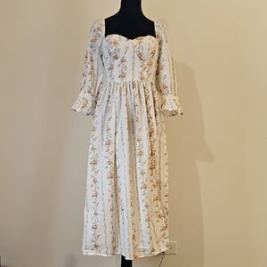 Forever 21 White Floral Cottagecore Milk Maid Midi Dress w/ Slit Size Small